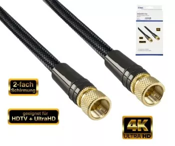 DINIC Premium SAT Koaxialkabel, 2x F-Stecker, HD TV, Ultra HD, 24k vergoldete Stecker, schwarz, DINIC Box mit Euroloch, Länge 2m